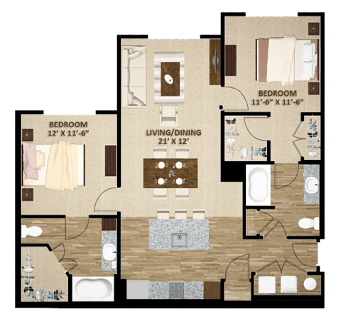 Floor plan for 2 beds, 2 baths, 1087 sqft